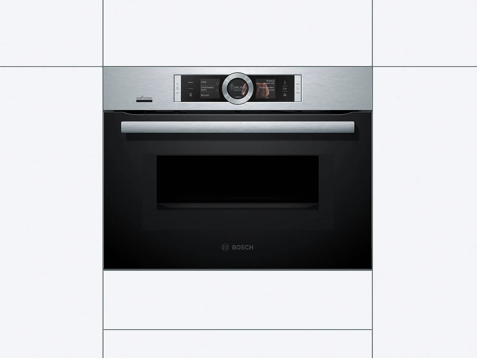 Stainless steel Bosch oven with digital display and control panel, built-in kitchen appliance.