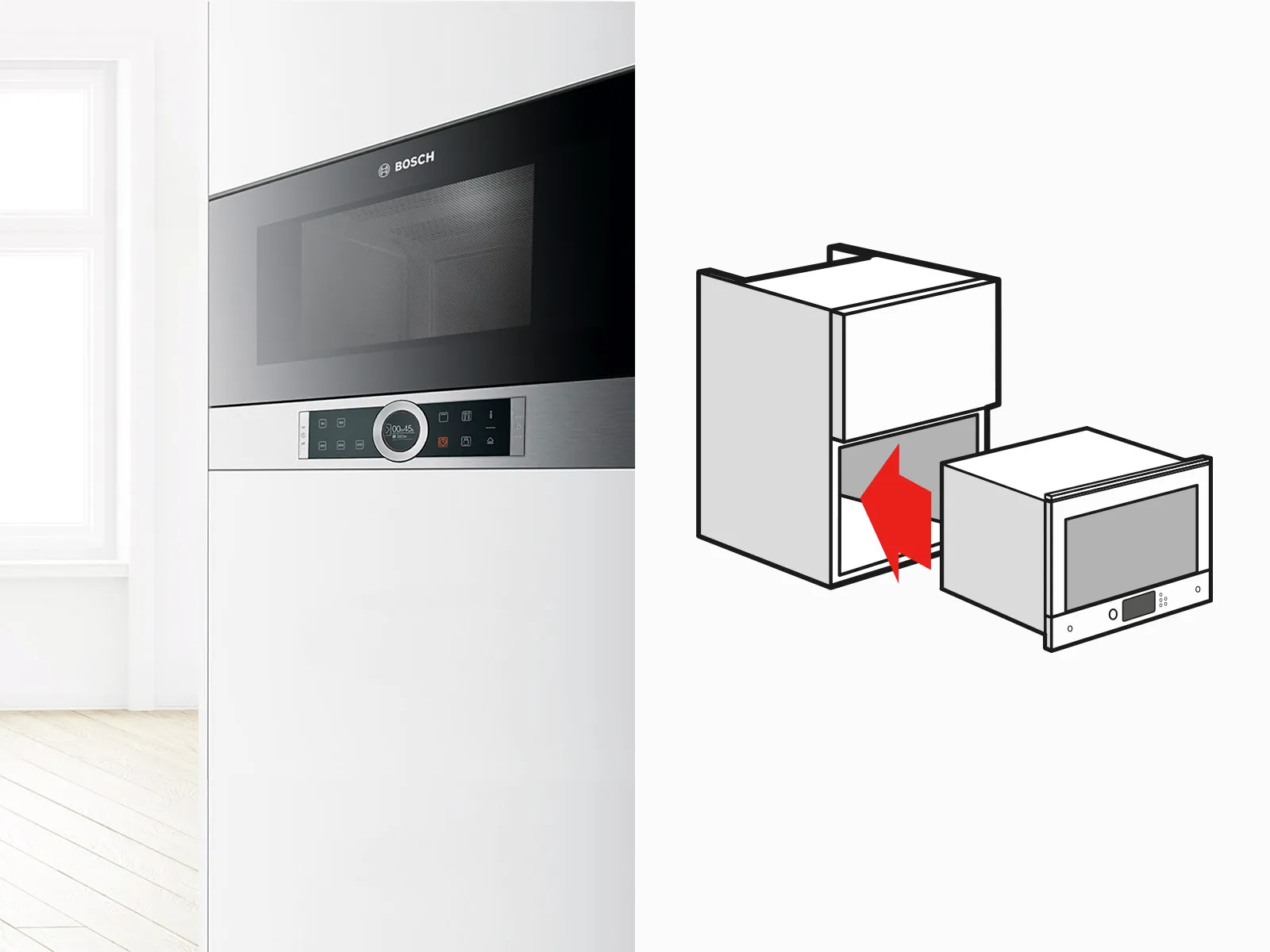 Built-in microwave oven with control panel, installation diagram showing placement in kitchen cabinet.