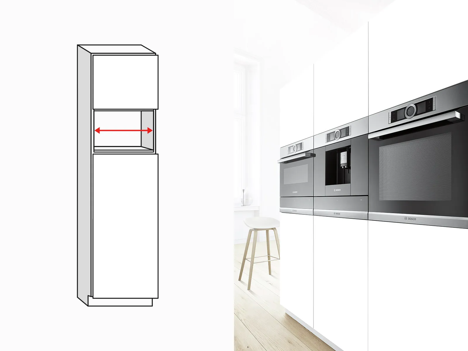 Kitchen appliances and furniture - refrigerator, oven, stool, minimalist design.