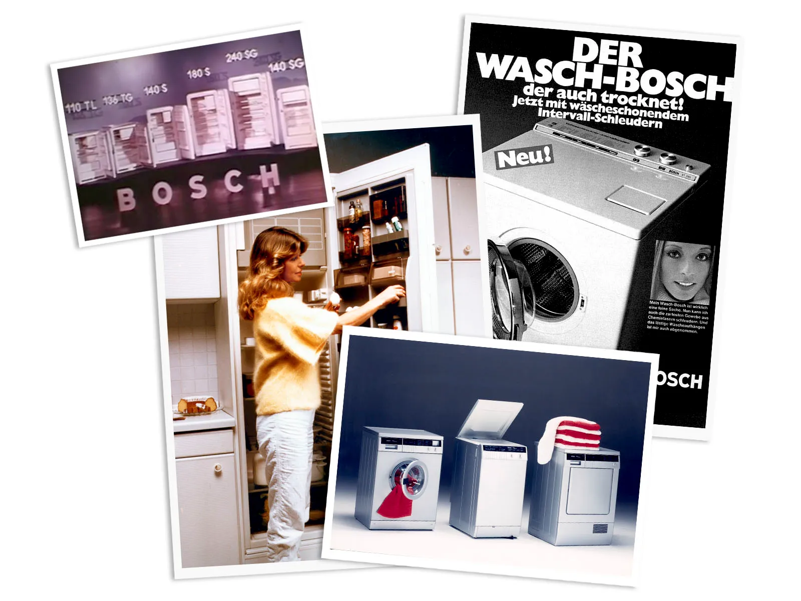 Vintage Bosch appliance advertisements, including a woman using a washing machine and product images.