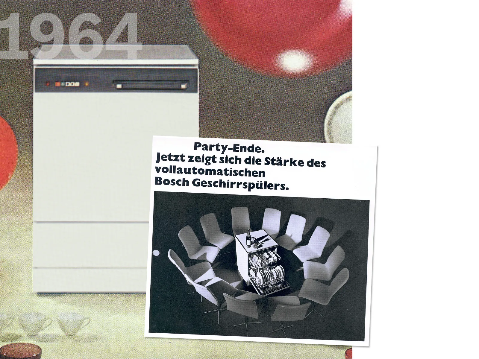 Vintage dishwasher advertisement showcasing Bosch's automatic dishwasher technology in 1964.