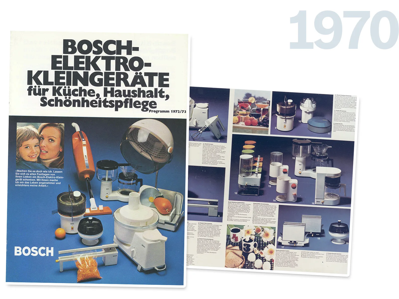 Bosch kitchen appliances catalog from 1970, featuring various electric devices for household and cooking use.