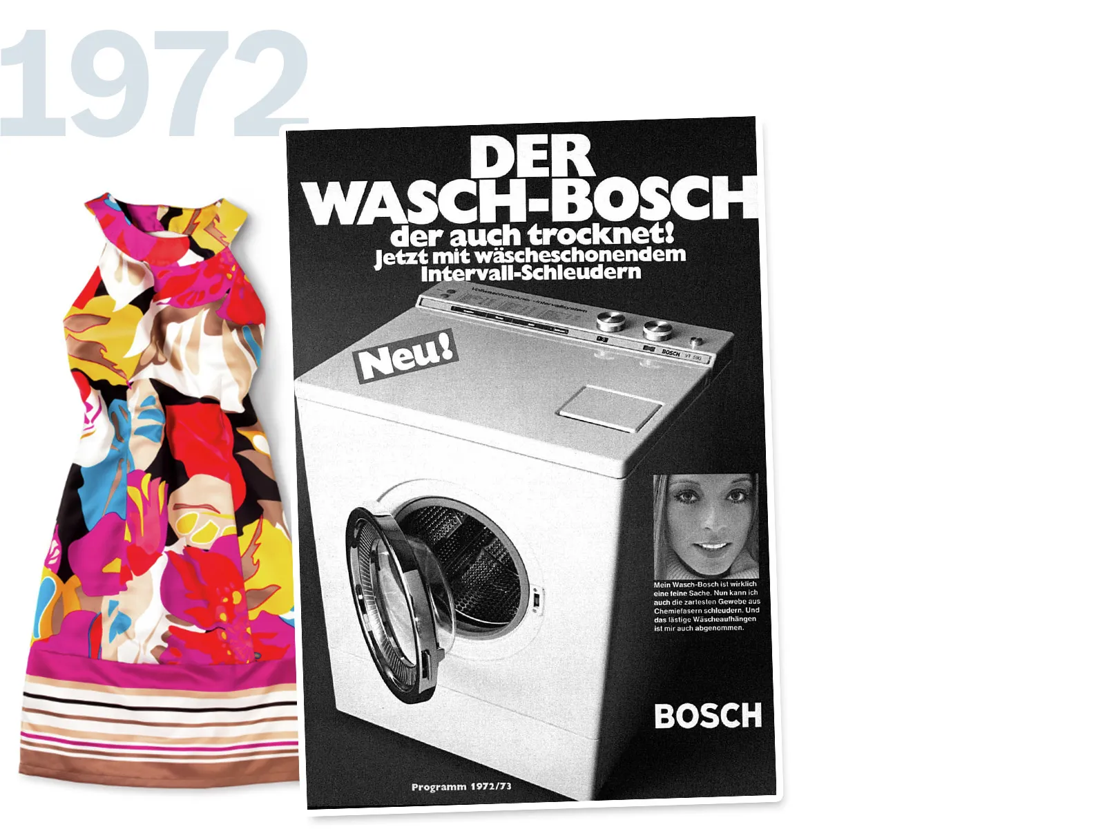 Vintage Bosch washing machine advertisement with colorful floral dress, 1972.