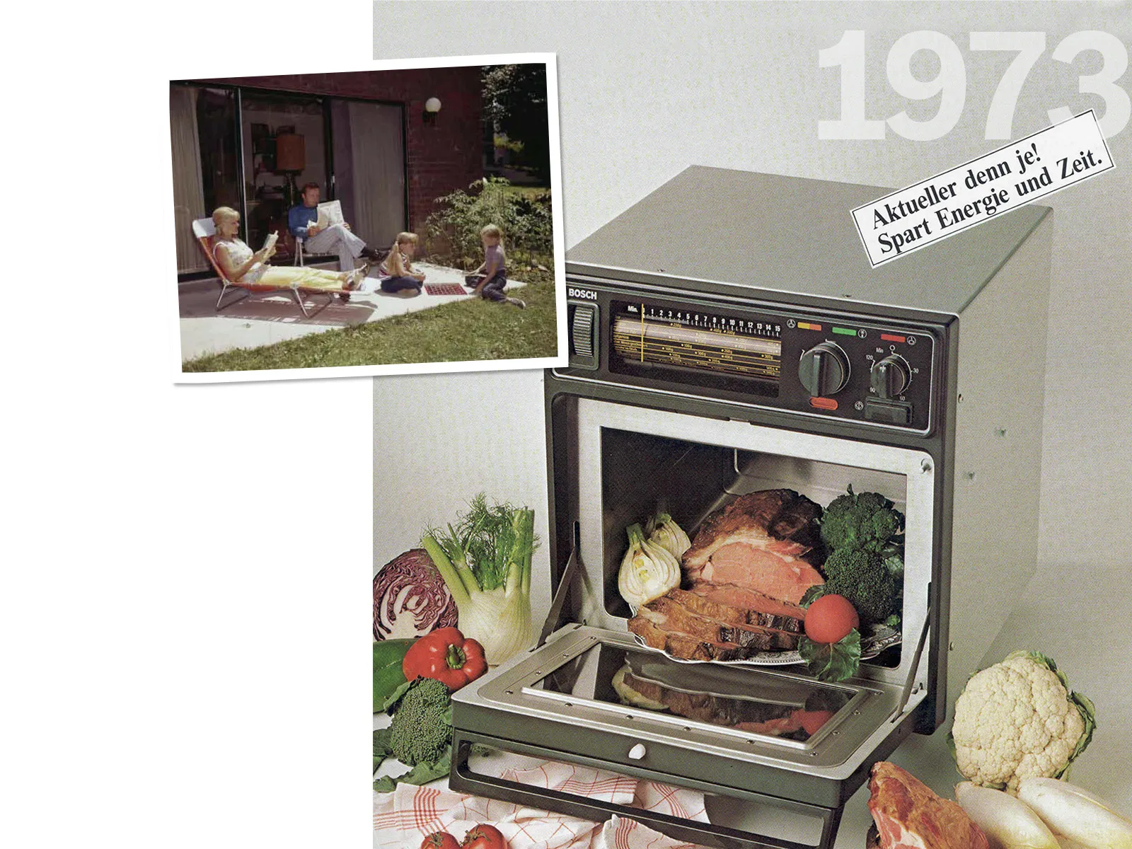 Vintage Bosch oven with roasted turkey, vegetables, and family photo from 1973.