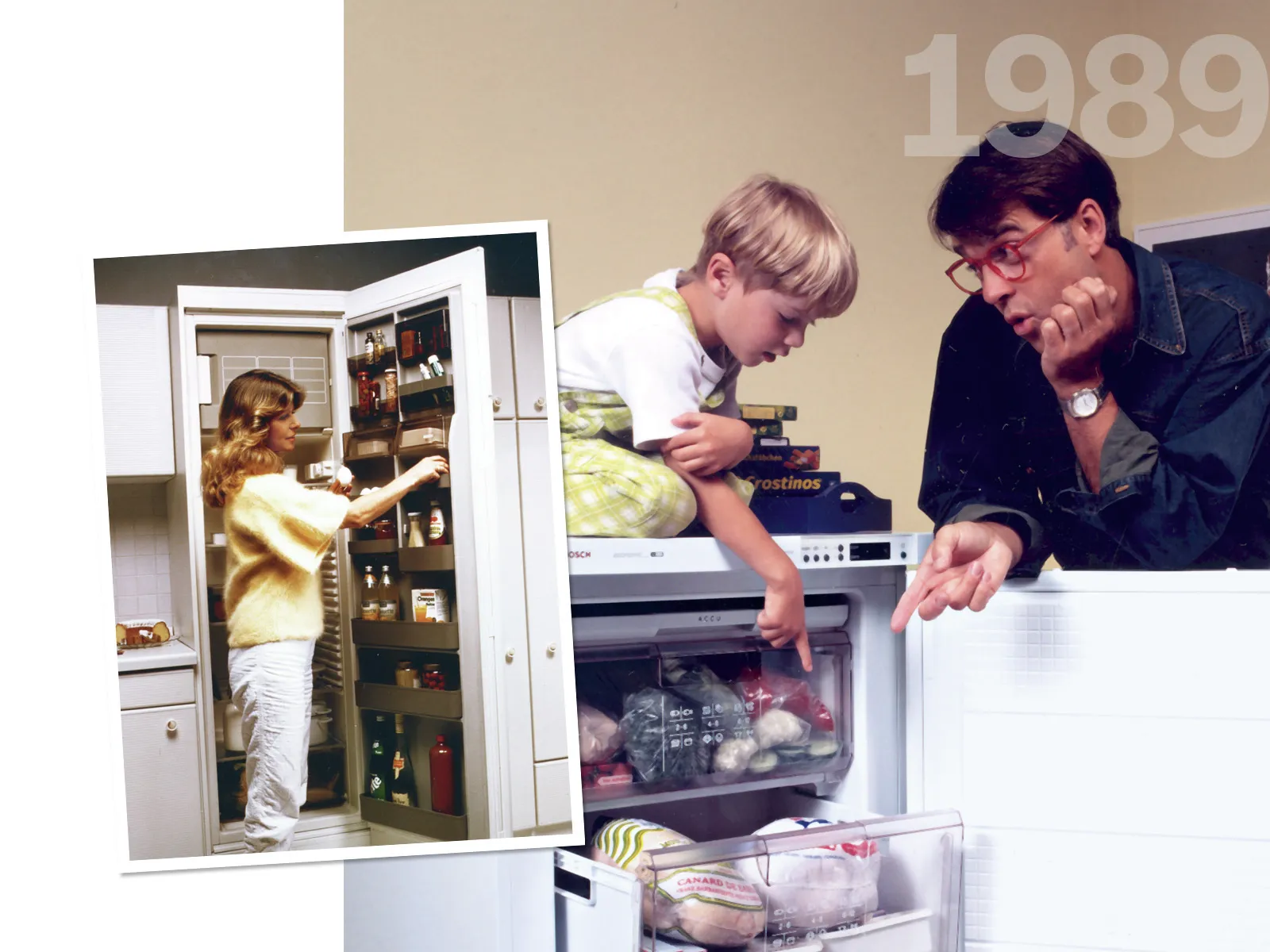 Family looking in open Bosch refrigerator, 1989 text overlay.
