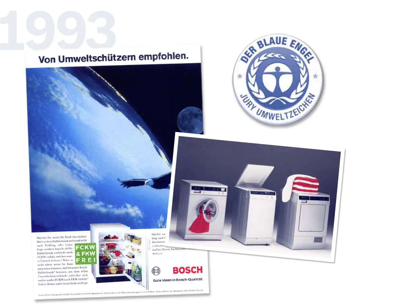 1993 environmental protection, Bosch appliances, Blue Angel eco-label, cloud and sky imagery.