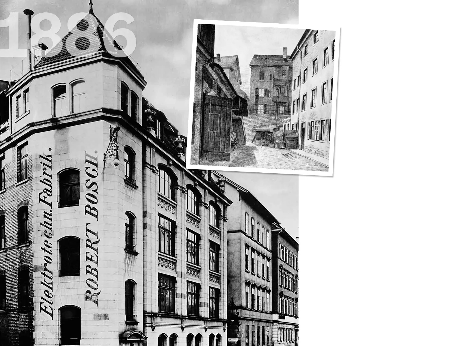 Black and white image of historic European city buildings, with an inset photo of a narrow alley.