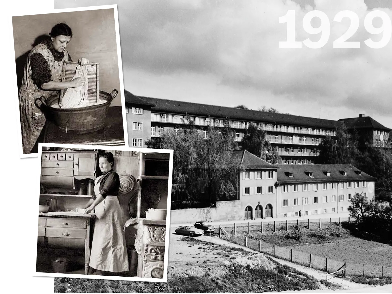 Black and white historical images of a woman washing clothes and apartment buildings from 1929.