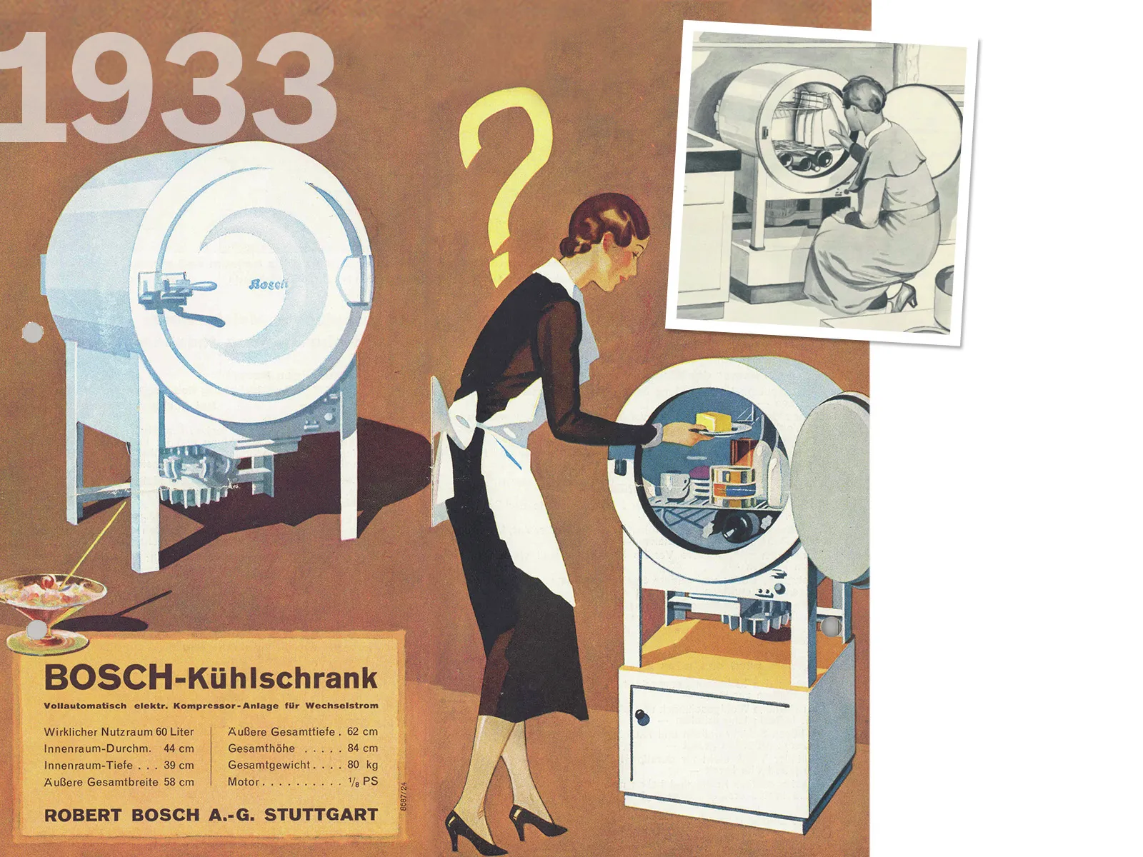 Vintage advertisement for Bosch refrigerator featuring a stylish woman and technical illustrations.