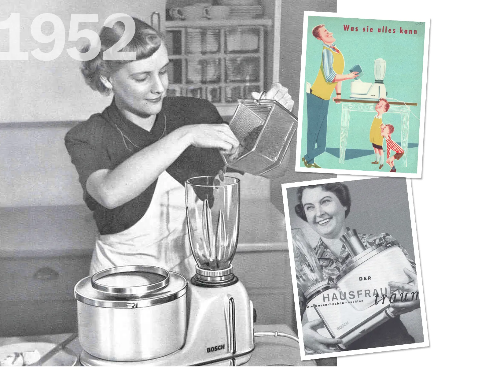 Woman using Bosch blender, vintage kitchen appliance, 1952 advertisement, smiling woman in photo.