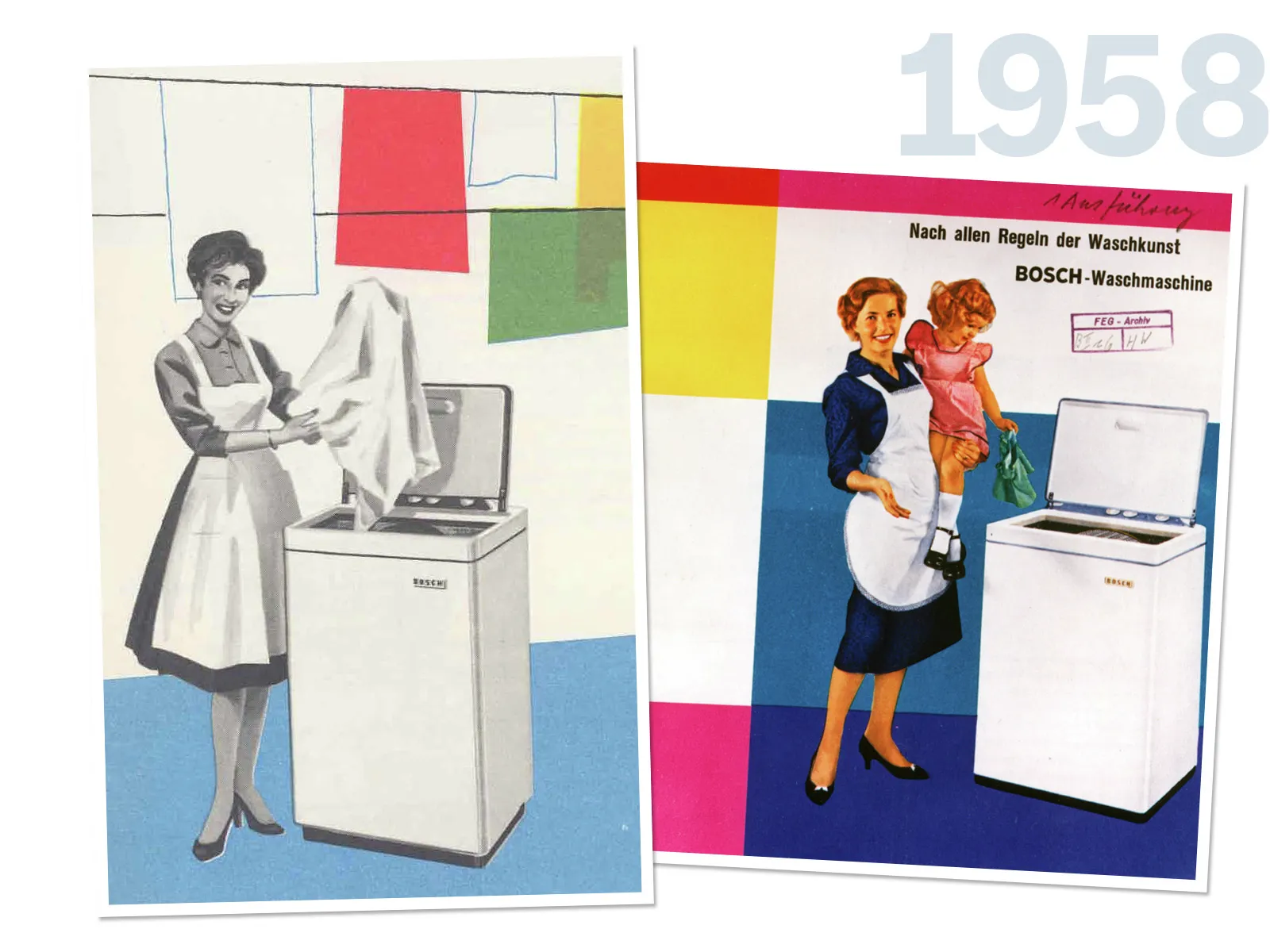 Vintage Bosch appliance advertisements featuring women in 1950s domestic roles.