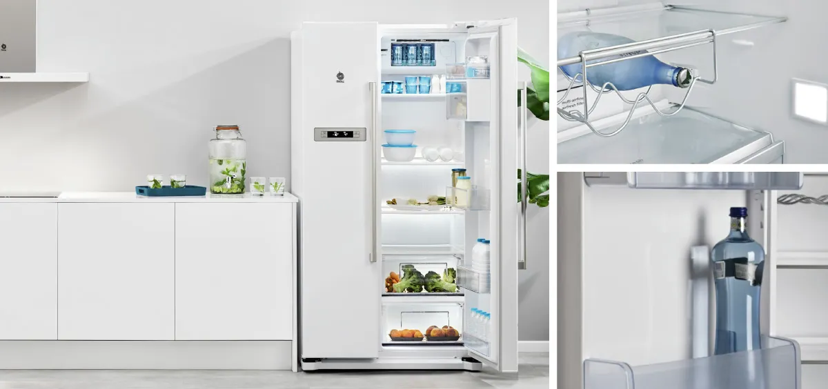 Interior de frigorífico Balay com prateleiras de vidro ajustáveis e gavetas, recheado de alimentos variados, destacando a flexibilidade e organização.