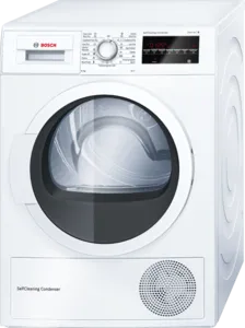 White front-loading clothes dryer with control panel and door.