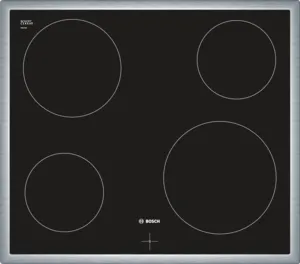 Bosch black ceramic hob with four cooking zones and silver frame.