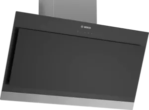 Sleek black angled range hood with a modern design and Bosch branding
