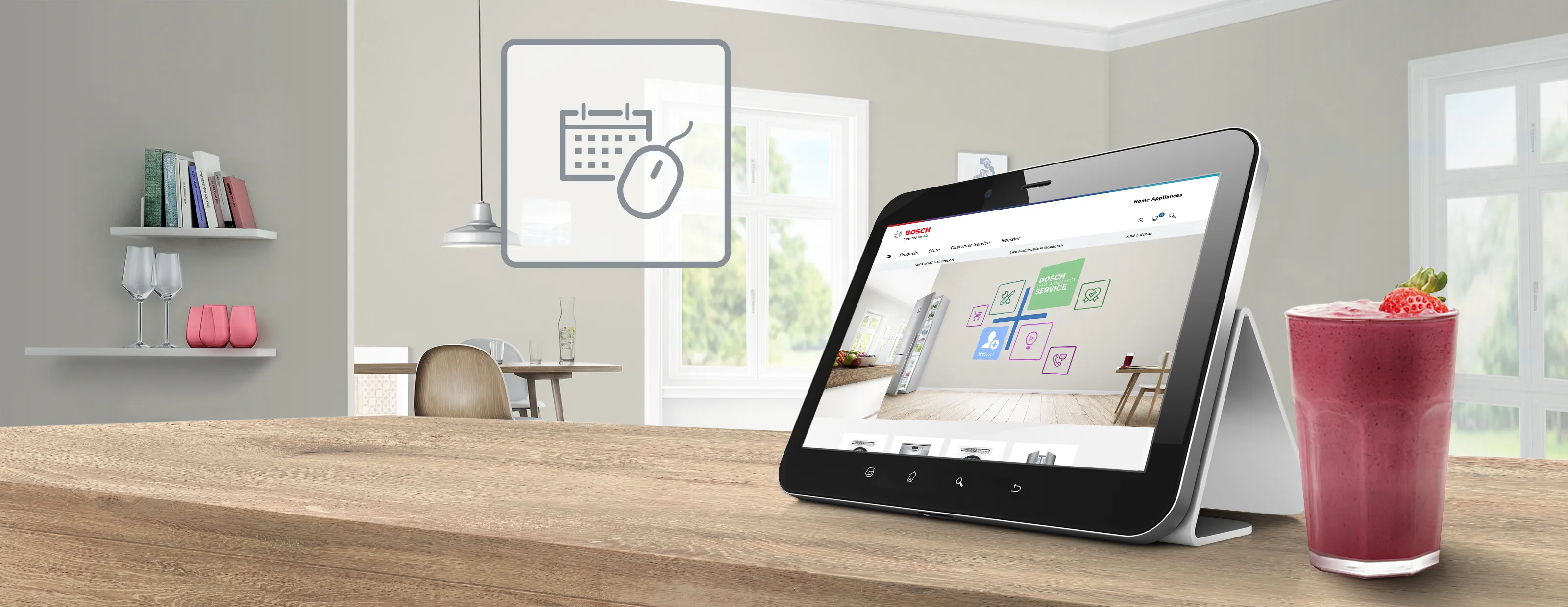 A tablet displaying a Bosch service booking website sits on a wooden table next to a pink smoothie, promoting quick online engineer visits