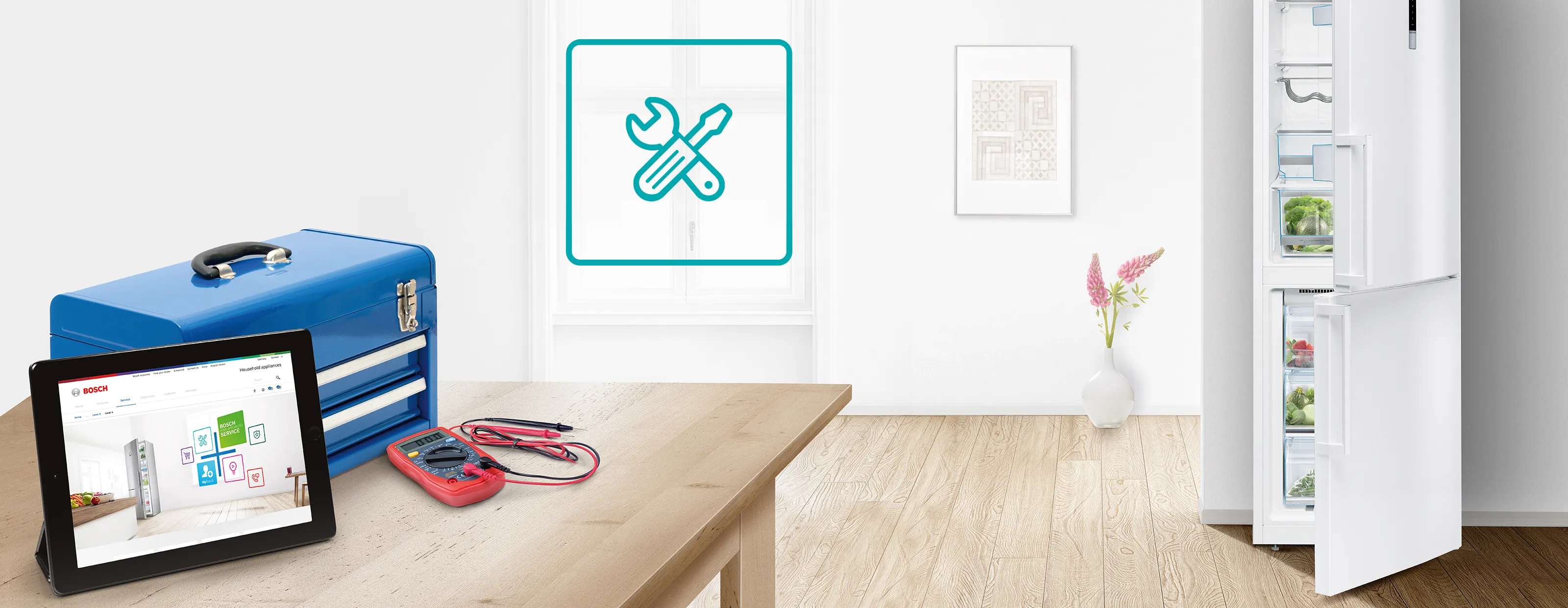 Werkplek met gereedschap, tablet en apparatuur op een houten tafel in een modern interieur.