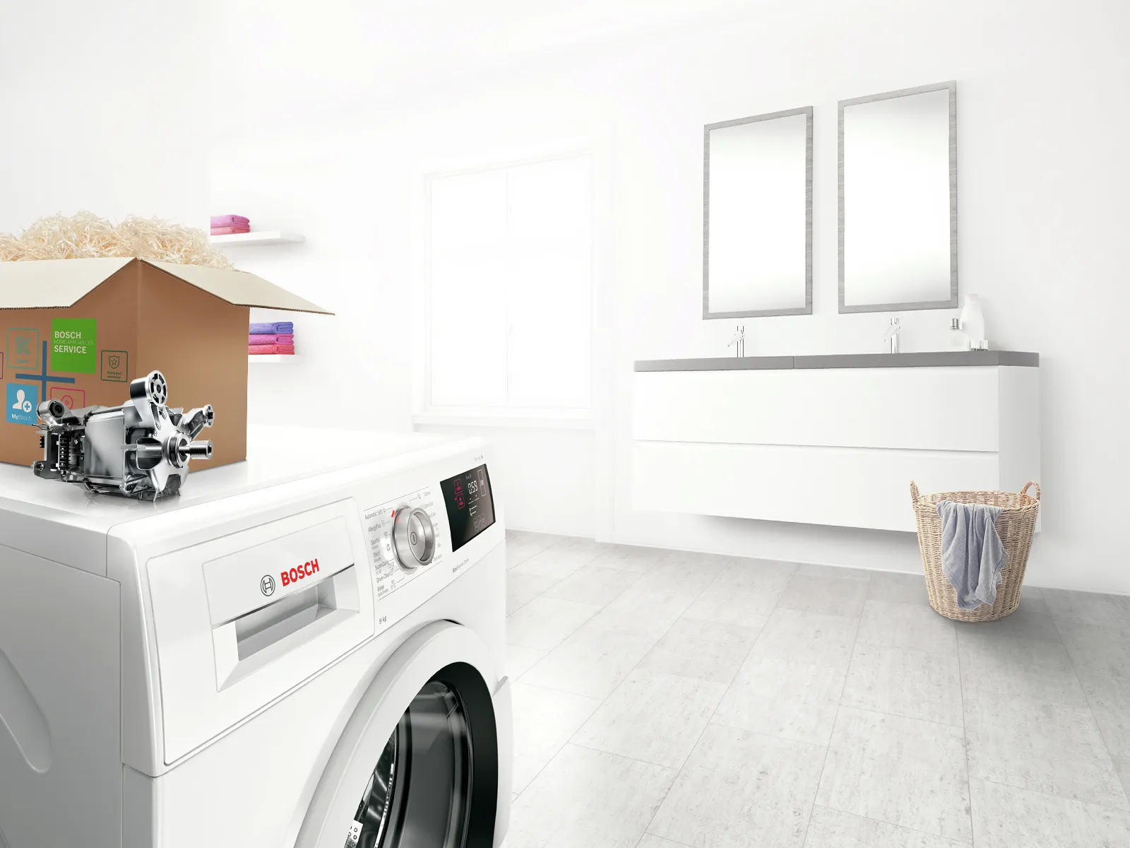 שירותים מודרניים עם מכונת כביסה, יהירות, ועיצוב מינימליסטי.