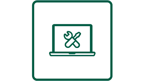 Laptop icon with crossed wrench and screwdriver symbol, representing computer repair or technical support.