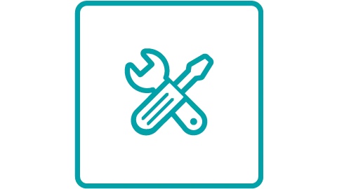 Crossed wrench and screwdriver icon in teal square, representing tools or repair services.