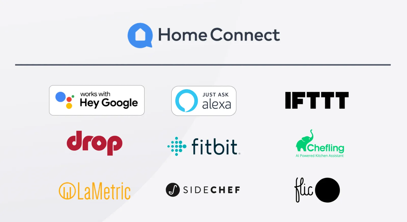 Home Connect logos for various smart home and fitness apps and services.