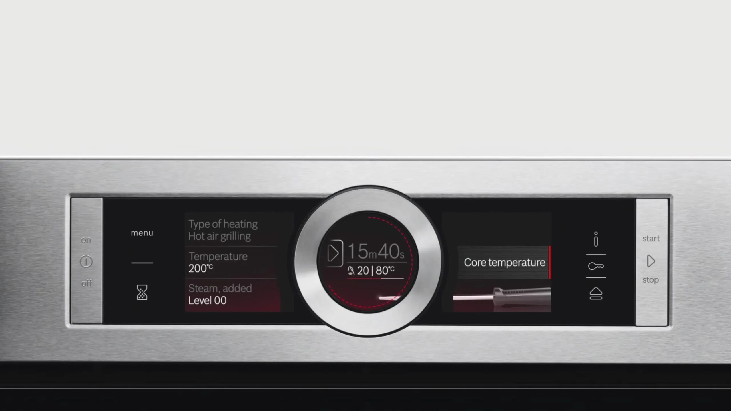 Edelstahl-Bedienfeld mit digitalem Display mit Temperatur und Kochmodus.