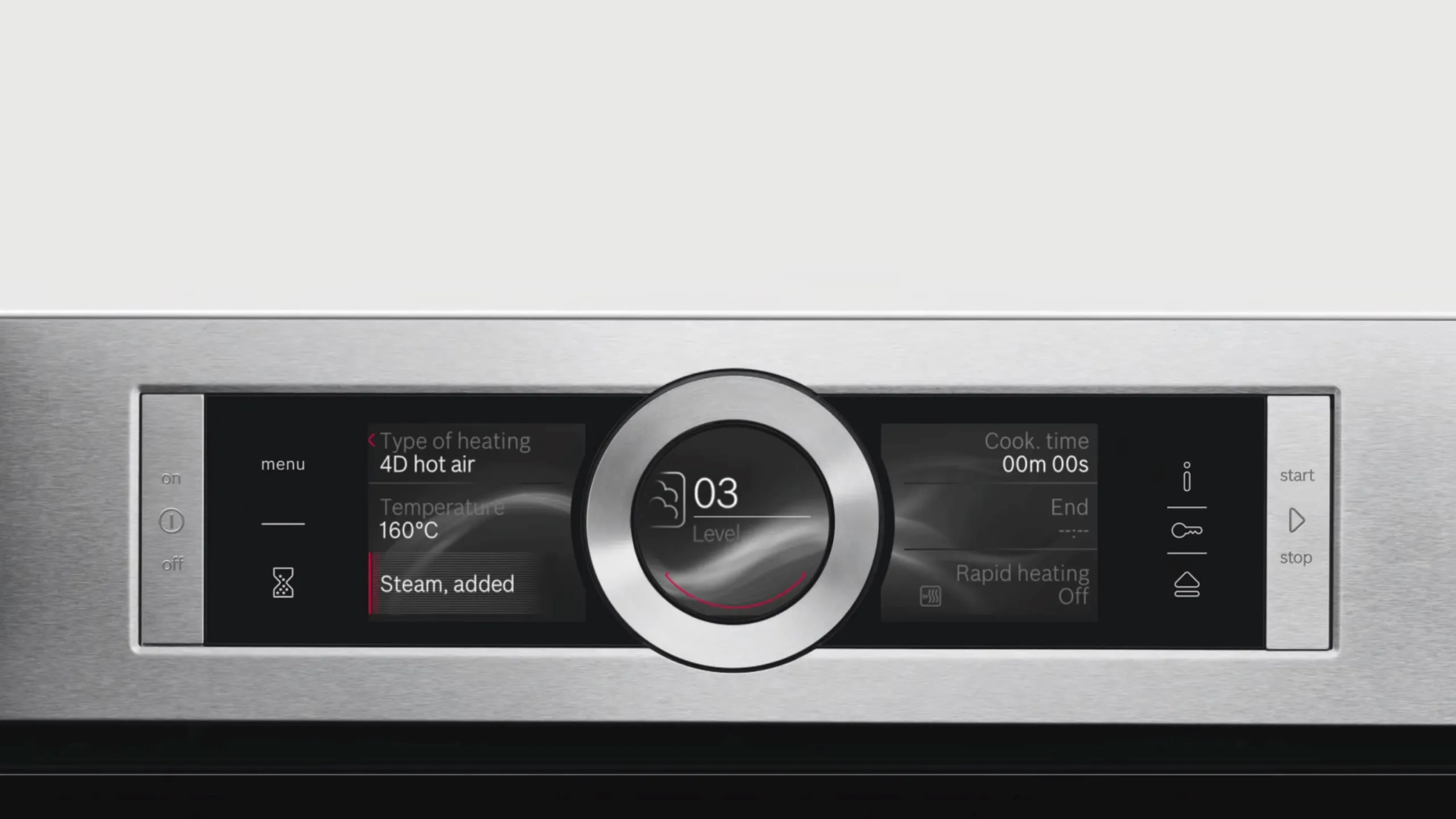 Bedienpanel aus Edelstahl mit Digitalanzeige, Temperatureinstellungen und Heizanzeigen.