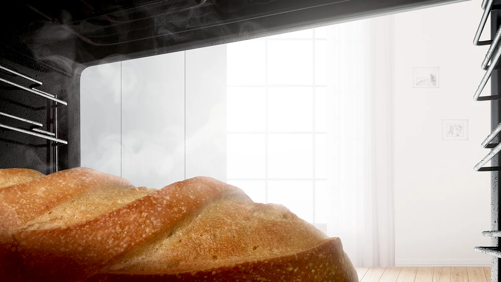 Frisch gebackenes Brot in einem modernen Ofen mit Dampf und hellem Fenster im Hintergrund.