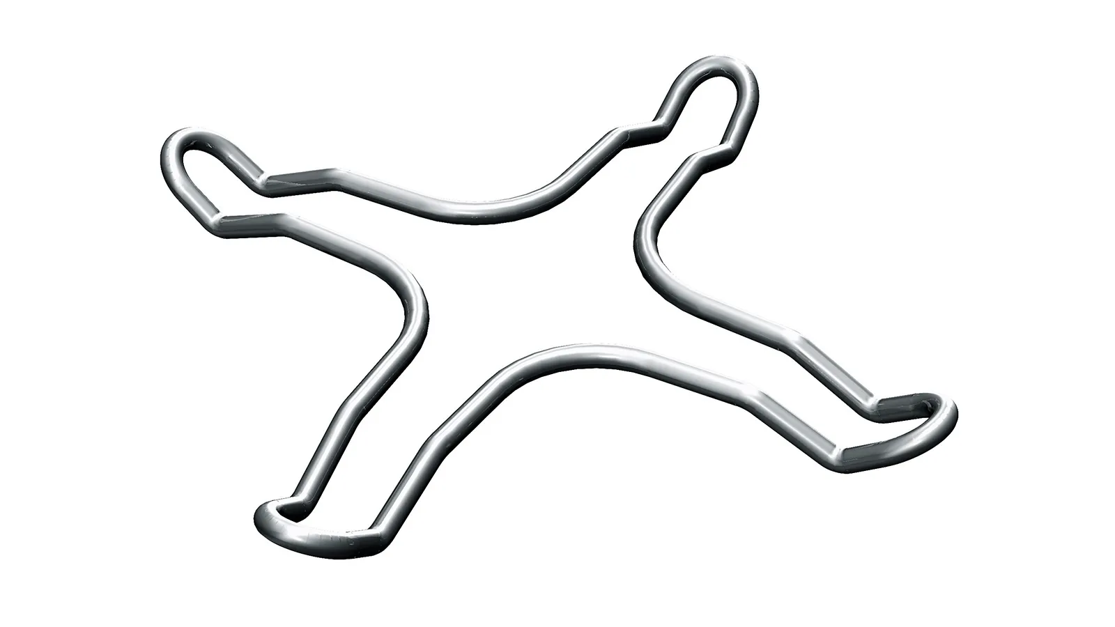 A metallic wireframe clip shaped like a simplified human figure, featuring elongated arms and legs, against white background.