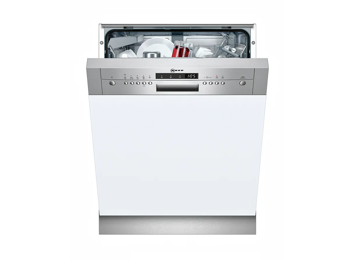 Partially open dishwasher with various dishes and utensils inside, stainless steel exterior.