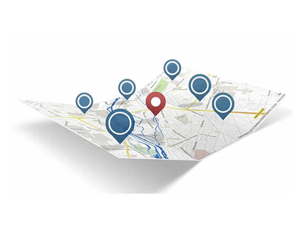 A map with multiple locations, highlighting one red pin among blue ones, indicating selected or important points of interest.
