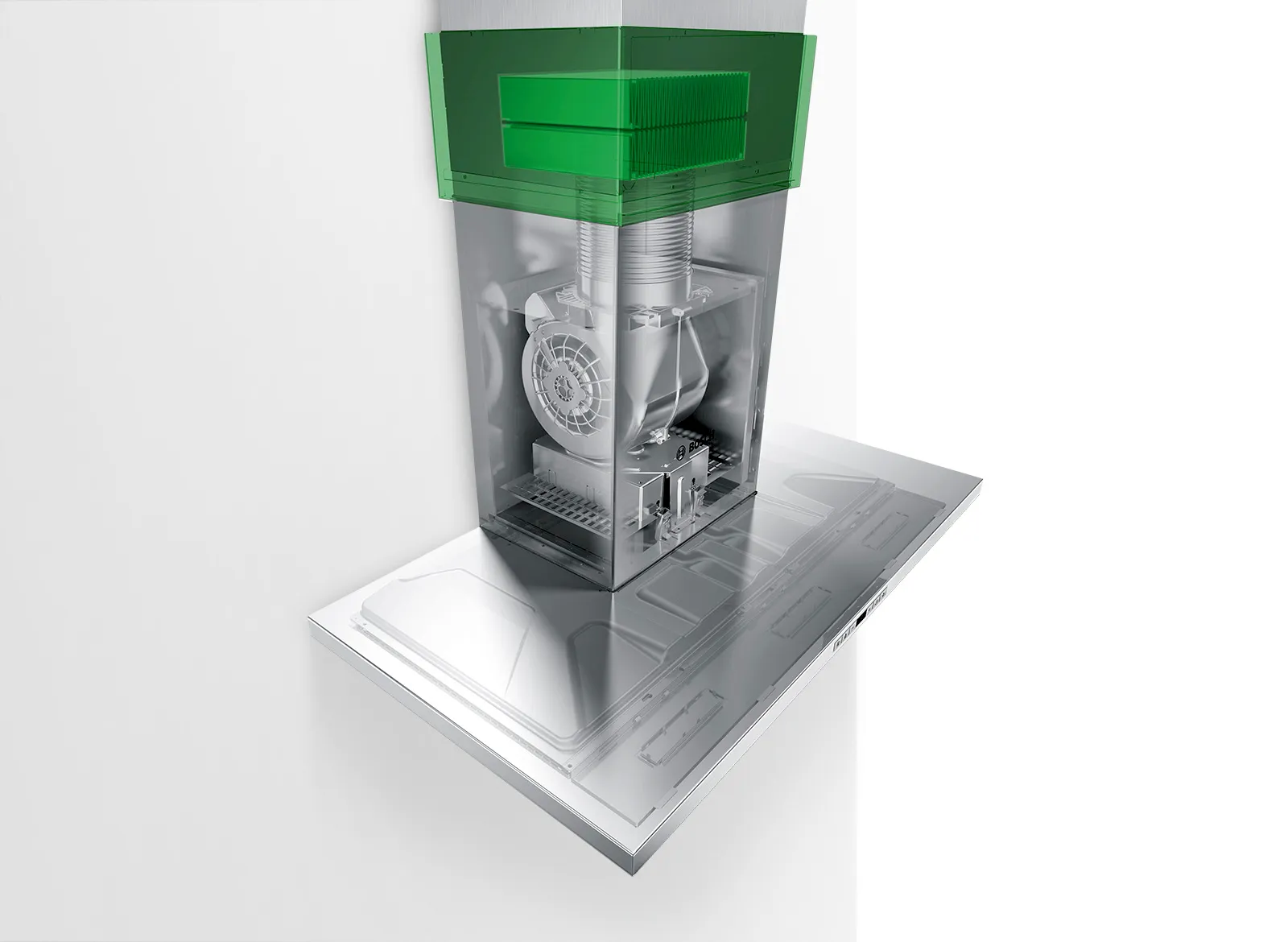 Boîte verte transparente avec composants mécaniques, posée sur une surface réfléchissante.