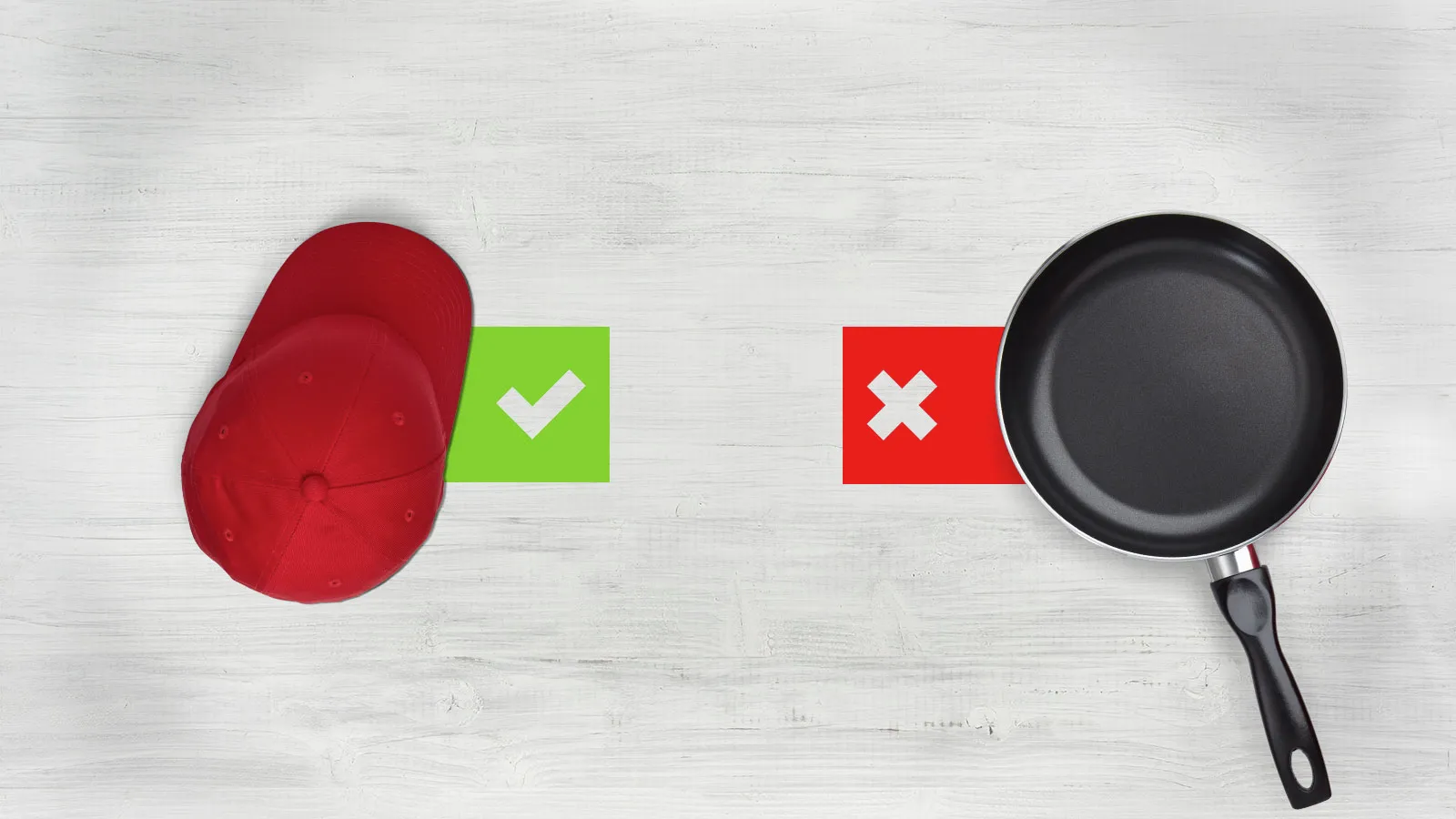 Red cuptor mănușă, verde semn de verificare, roșu X, negru tigaie pe fundal alb.
