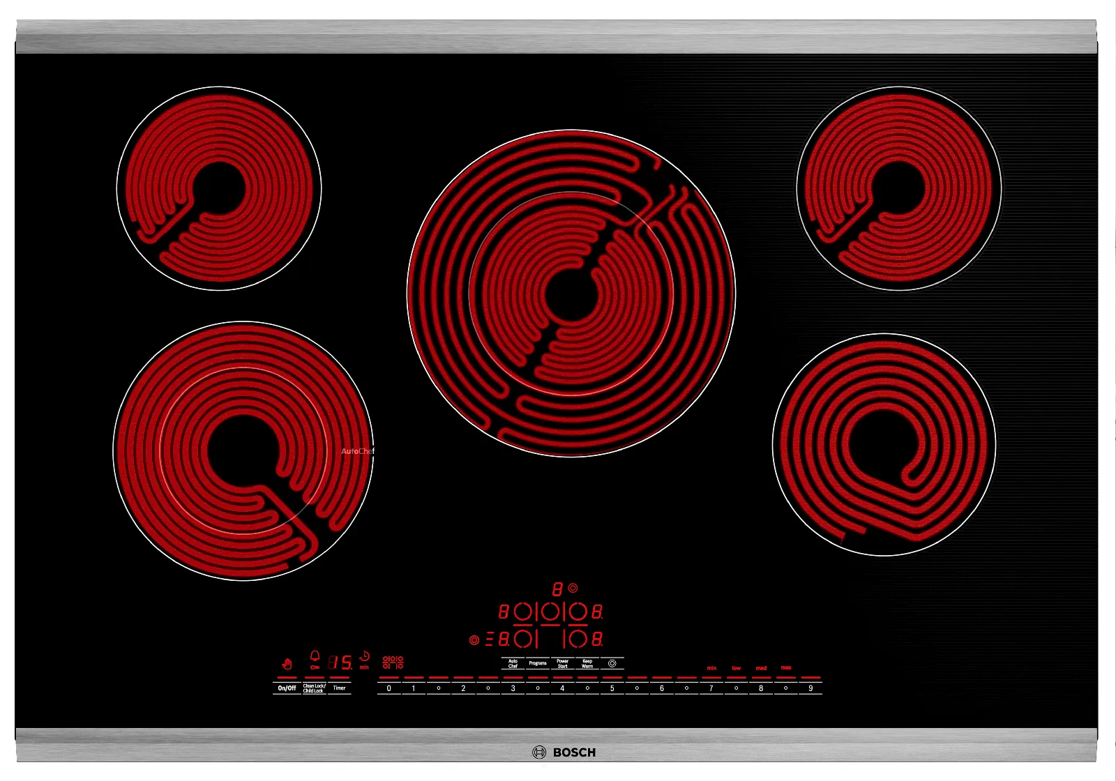 Bosch 36 inch Electric cooktop with five red heating elements on a black stovetop.