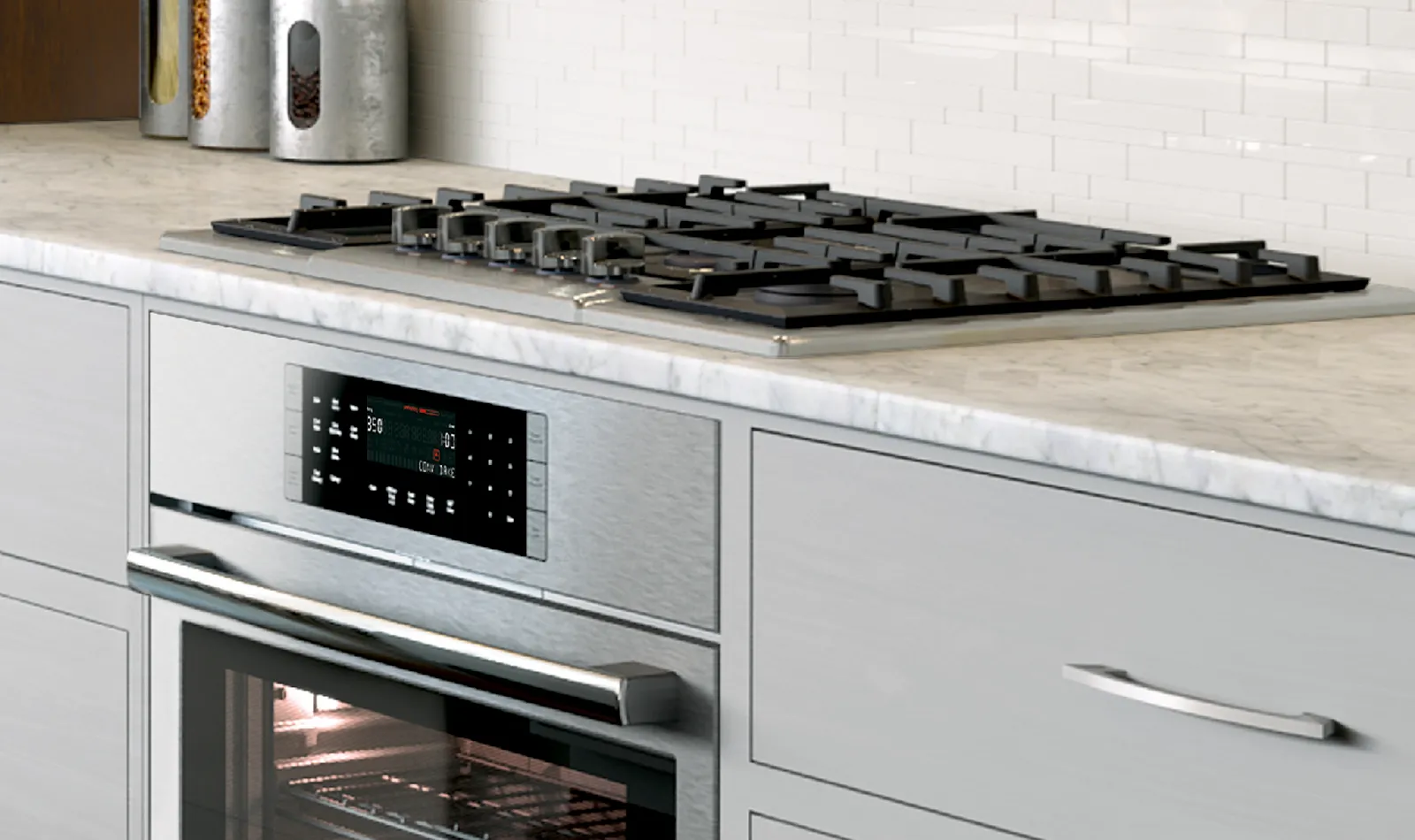Kitchen countertop with Bosch gas stove, Bosch oven, and cabinets.