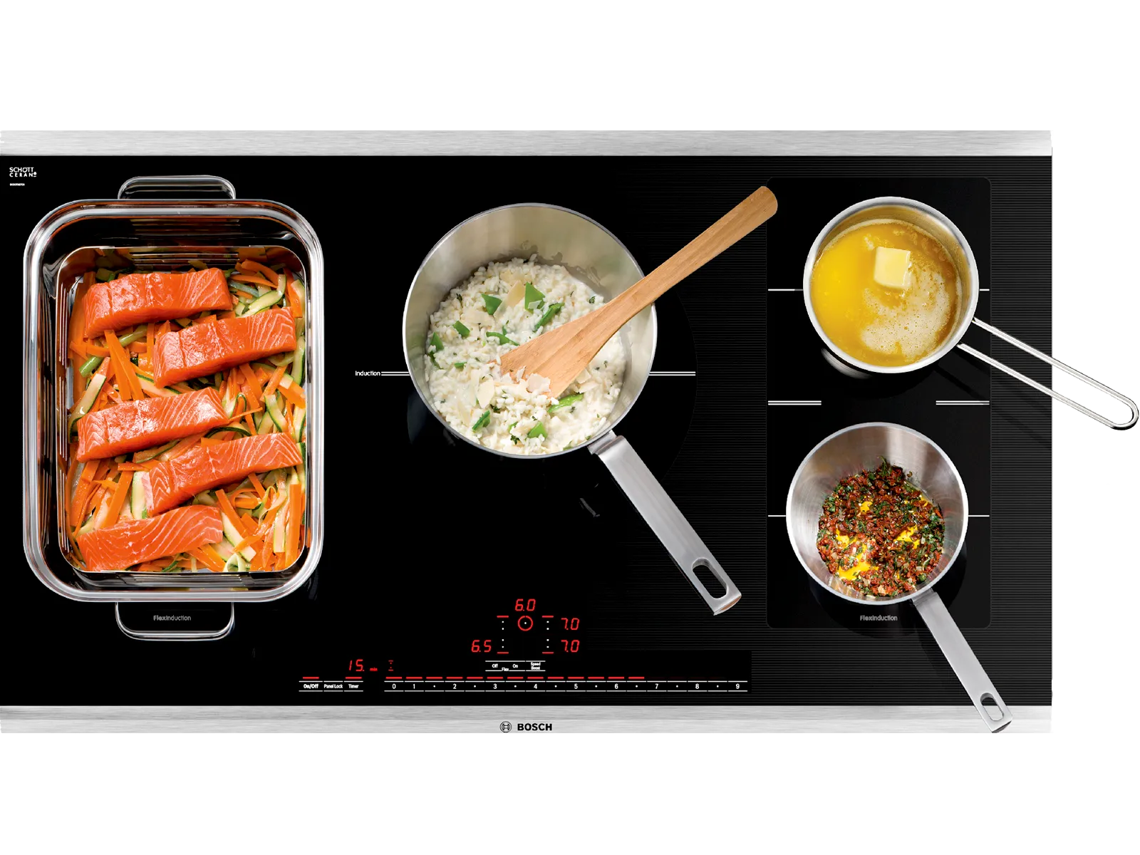 Bosch five burner stove top with food being cooked on top