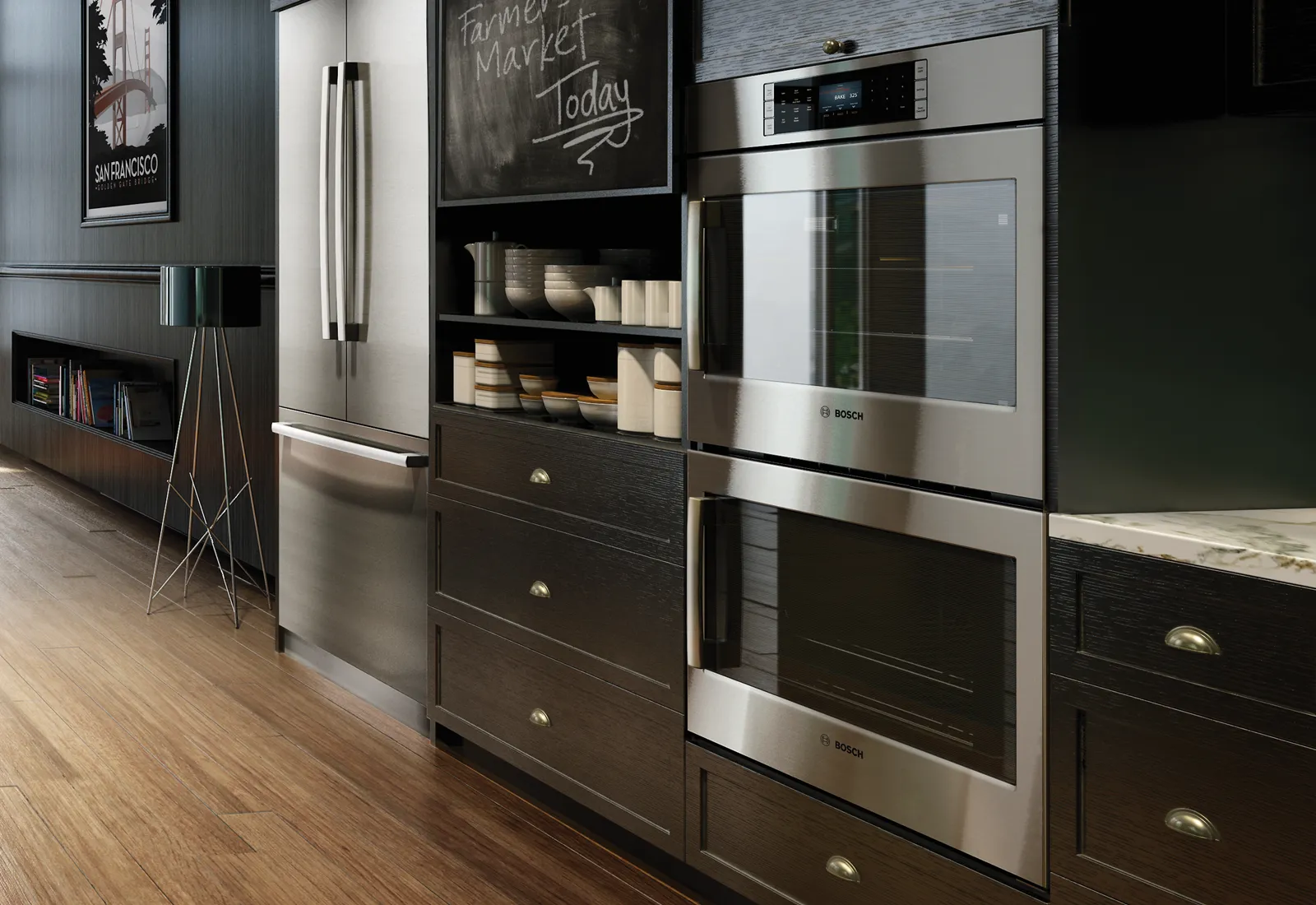 Modern kitchen with stainless steel Bosch Benchmark double ovens, Bosch refrigerator, and wooden cabinets.