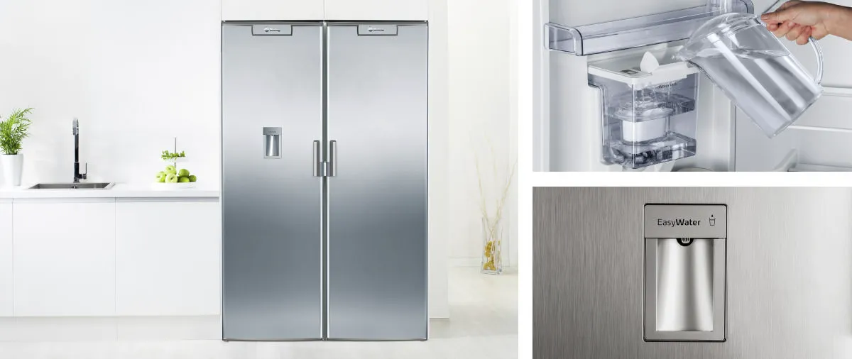 Frigorífico Balay de uma porta branco com dispensador de água na porta. Uma mão enche um copo, realçando a funcionalidade e conveniência.