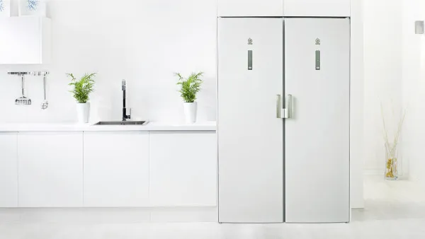 Cozinha branca minimalista com frigorífico de duas portas, armários brancos, torneira preta e duas plantas verdes em vasos na bancada.