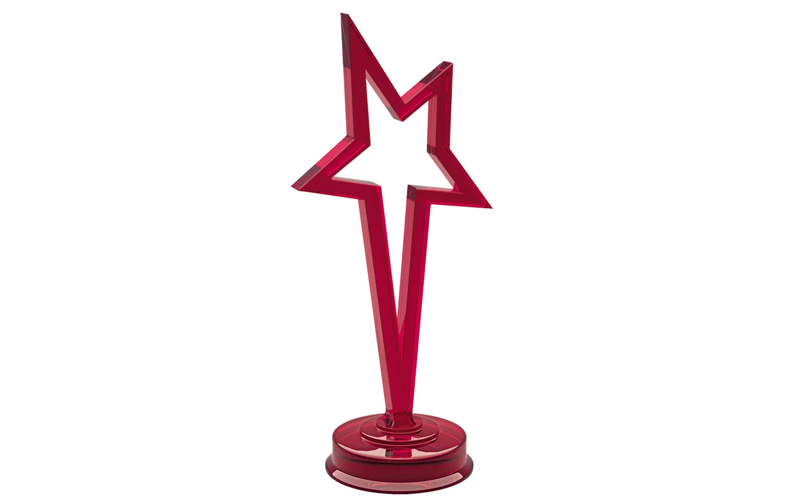 Red star-shaped trophy or award on a stand.