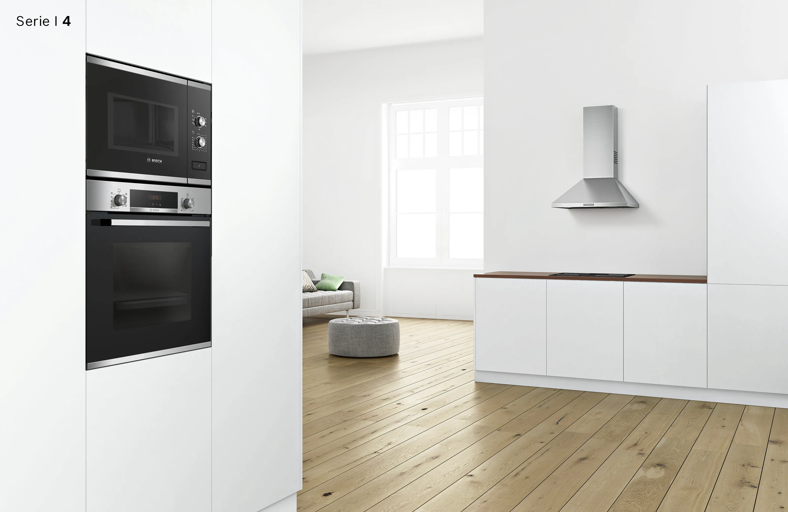 Moderne, weiße Küche mit integriertem Bosch Serie 4 Backofen und Mikrowelle sowie einer freistehenden Edelstahl-Dunstabzugshaube über der Kochzeile.
