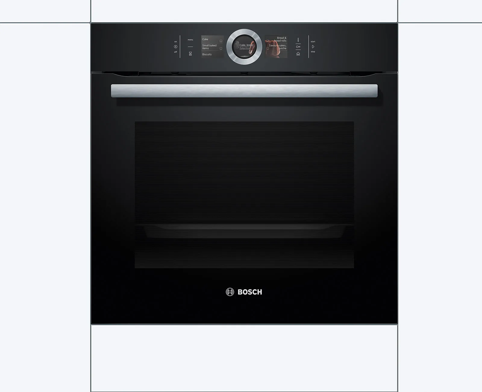 Frontansicht eines schwarzen Bosch Serie 8 Einbaubackofens mit digitalem TFT-Display und zentralem Bedienring.
