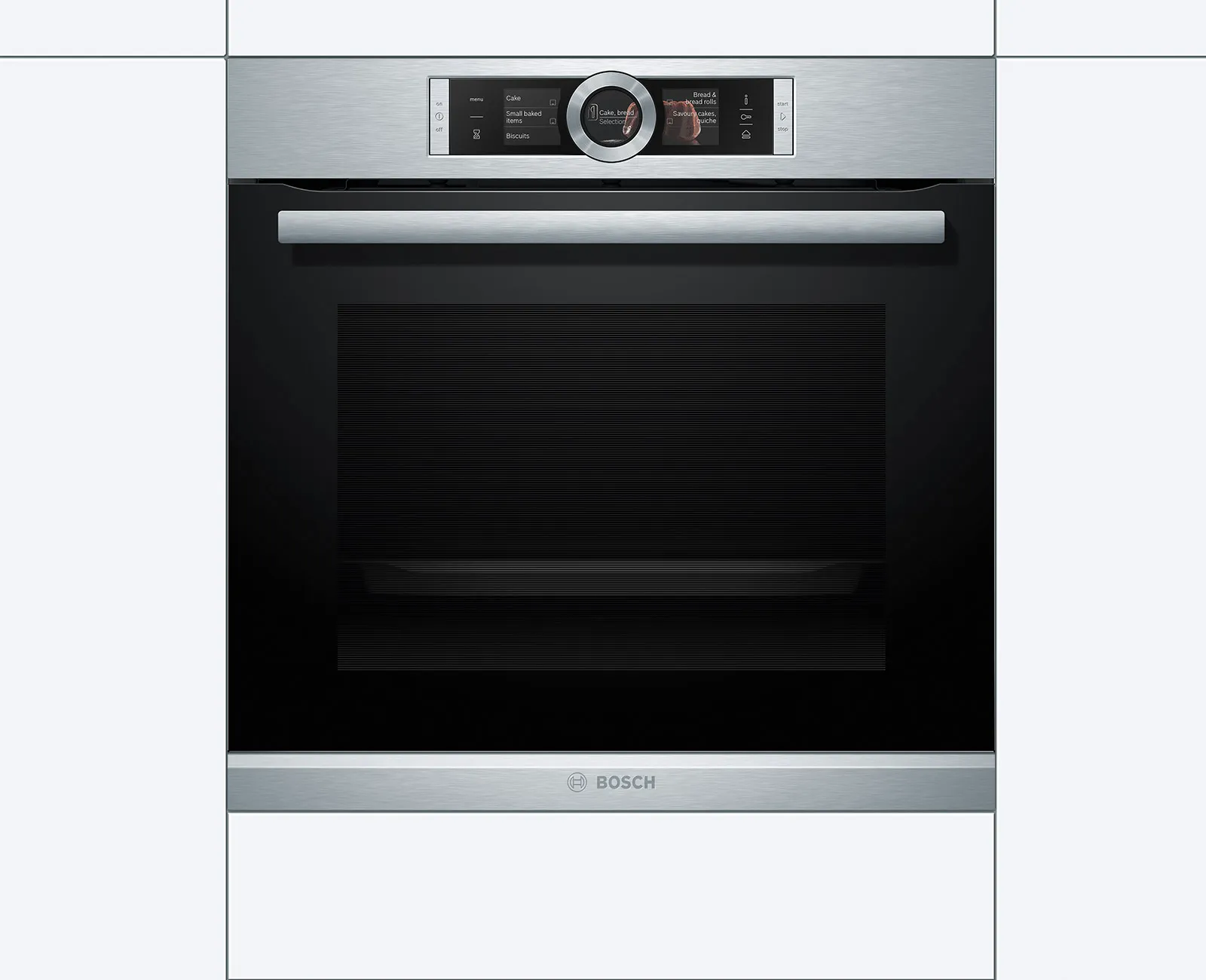 Frontansicht eines Bosch Serie 8 Einbaubackofens aus Edelstahl und Schwarzglas mit digitalem TFT-Display und zentralem Bedienring.
