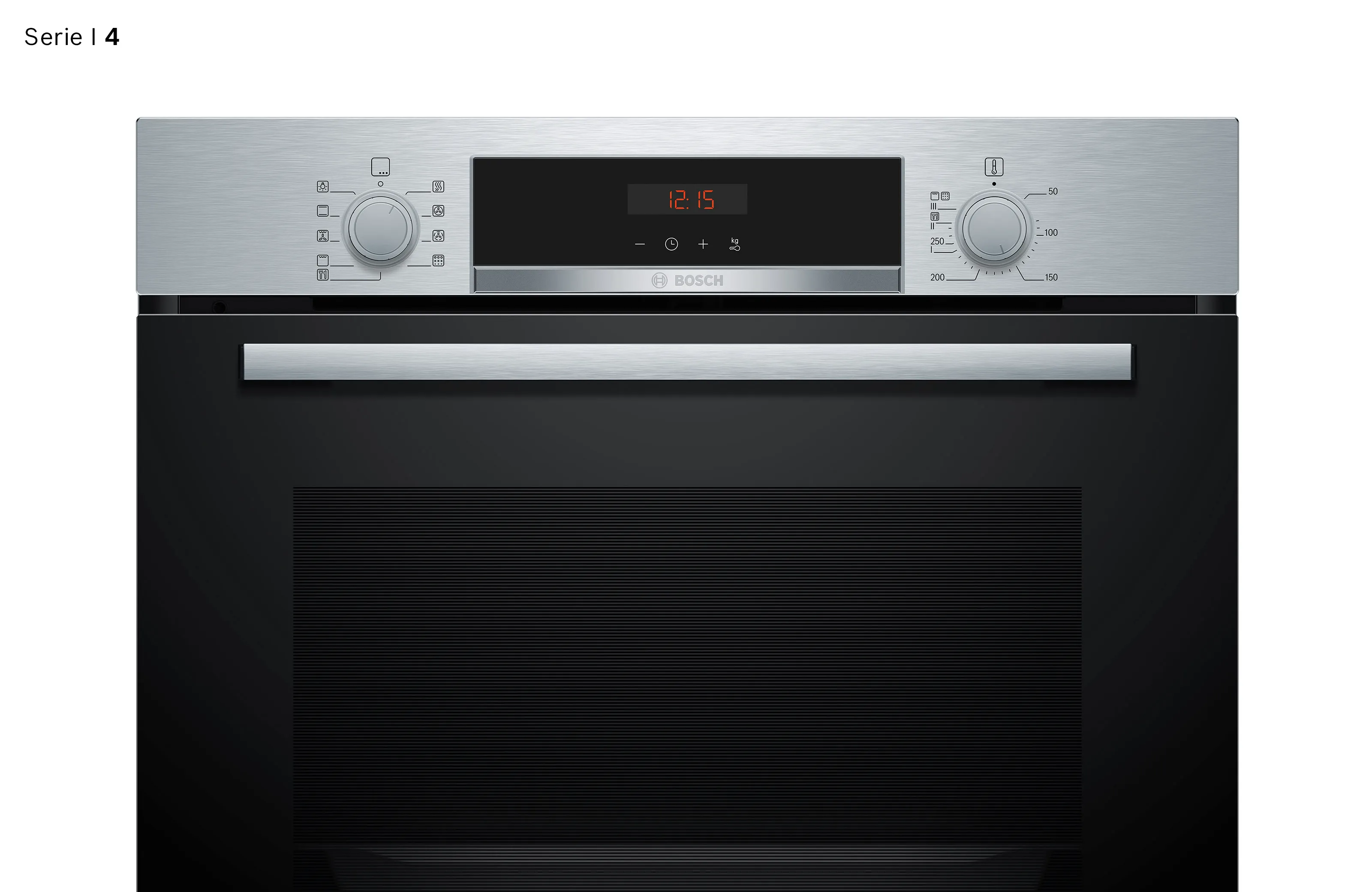 Frontansicht eines kompakten Bosch Serie 4 Einbaubackofens aus Edelstahl und Schwarzglas mit rotem LED-Display und zwei versenkbaren Drehknebeln.