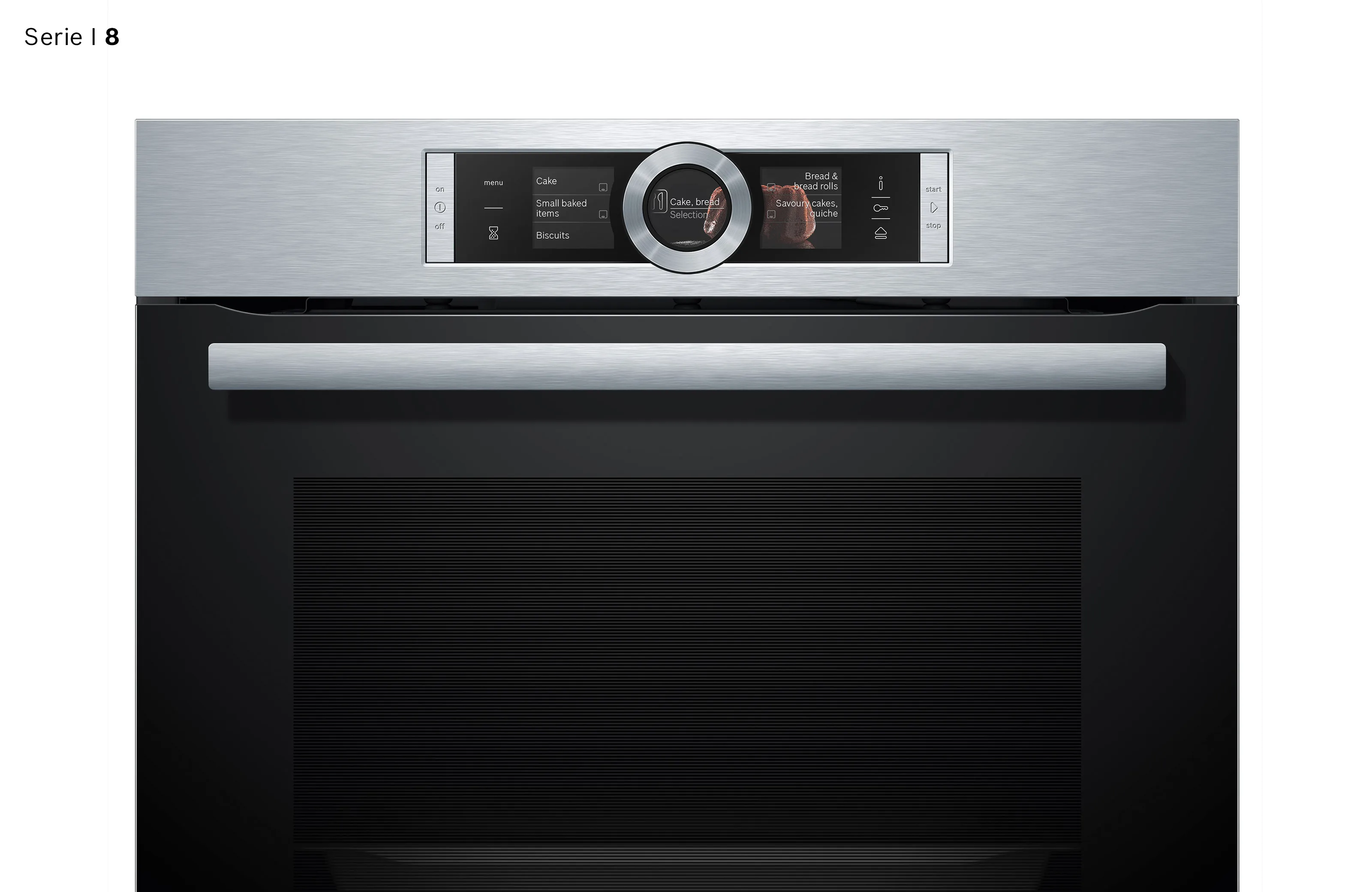 Frontansicht eines kompakten Bosch Serie 8 Einbaubackofens aus Edelstahl und Schwarzglas mit digitalem TFT-Display und zentralem Bedienring.