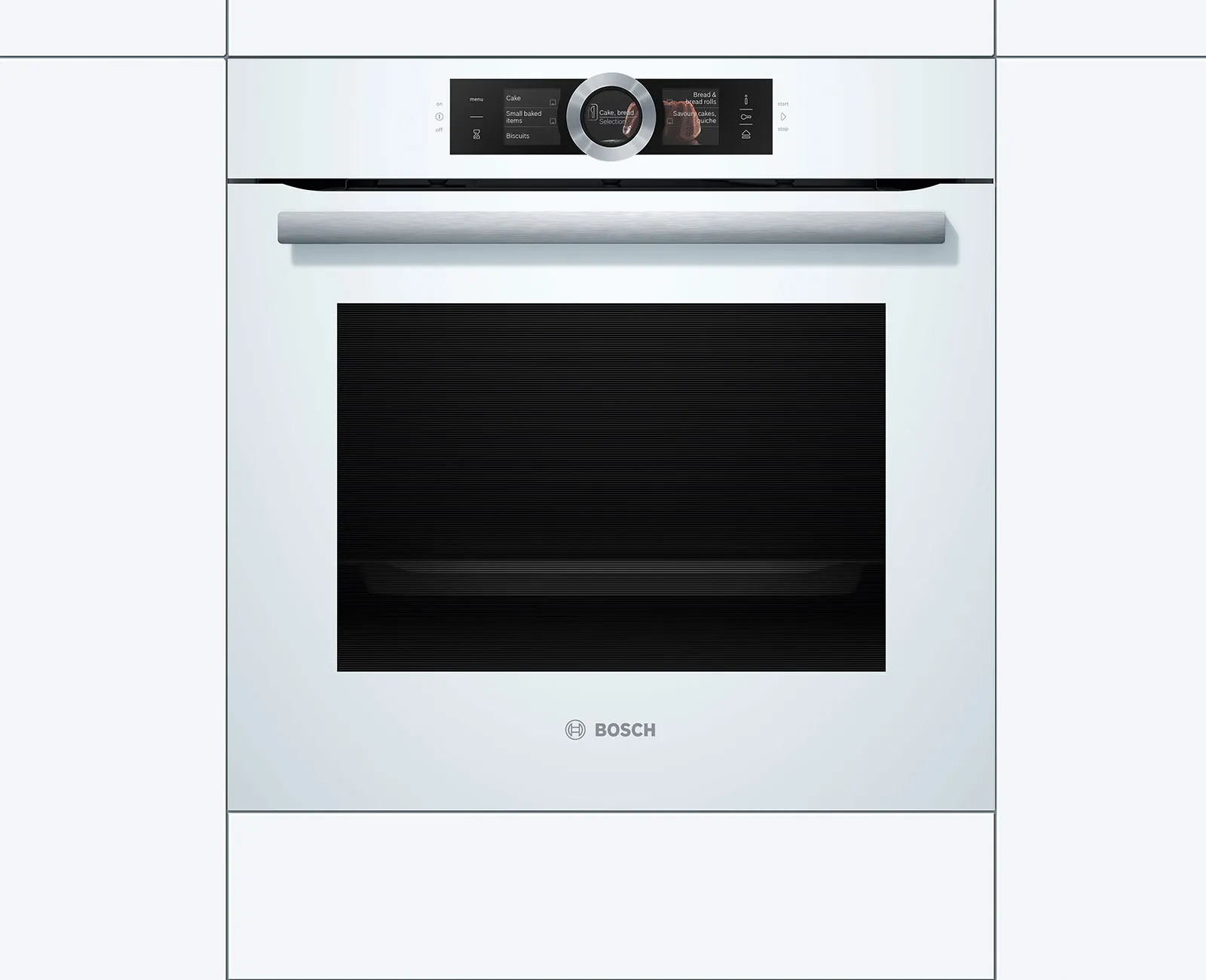 Frontansicht eines weißen Bosch Serie 8 Einbaubackofens mit digitalem TFT-Display und zentralem Bedienring.