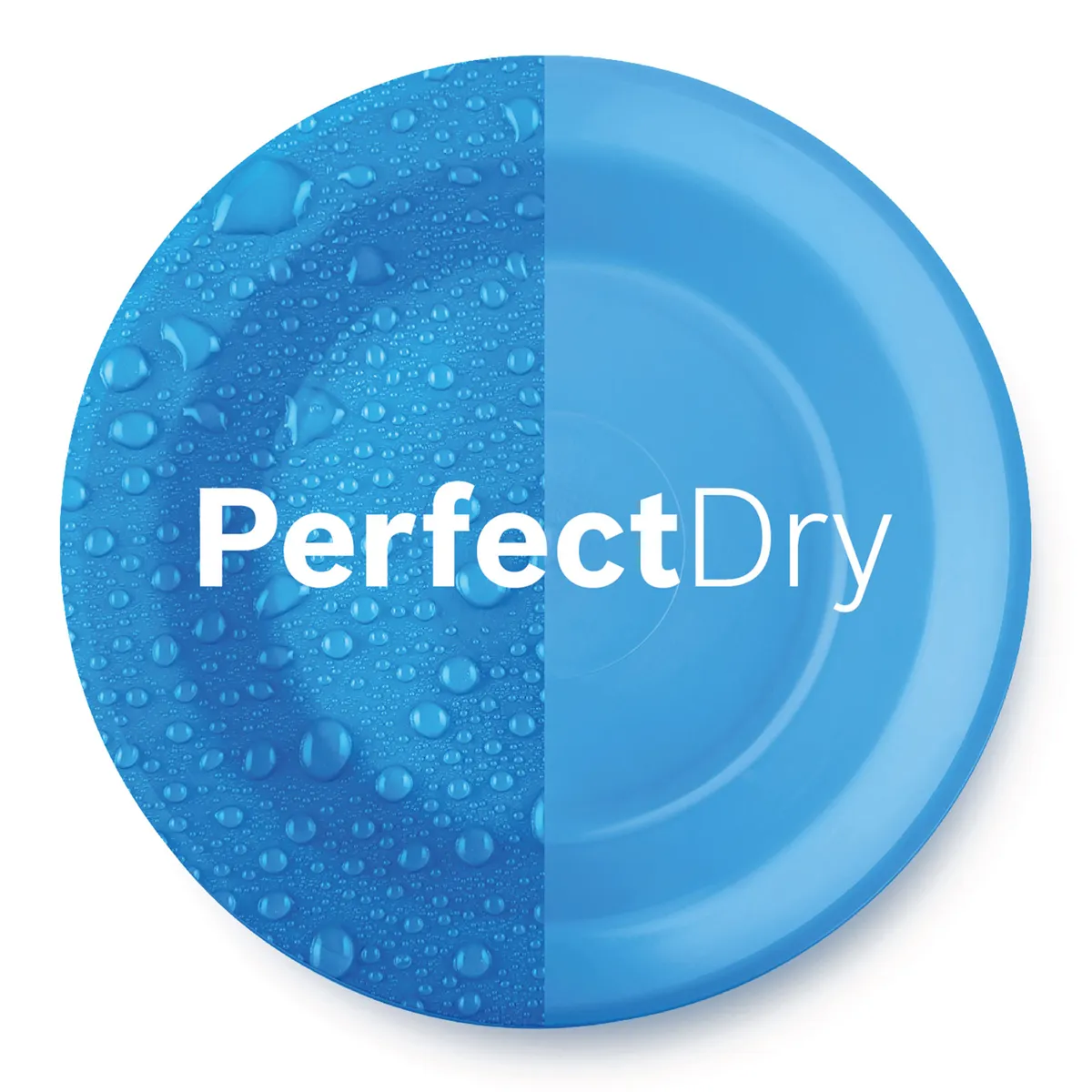 Blue circular plate with water droplets and "Perfect Dry" text.