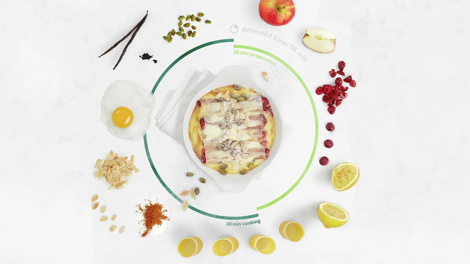 Baked dish with various ingredients arranged around it, including fruits, spices, and other cooking elements.