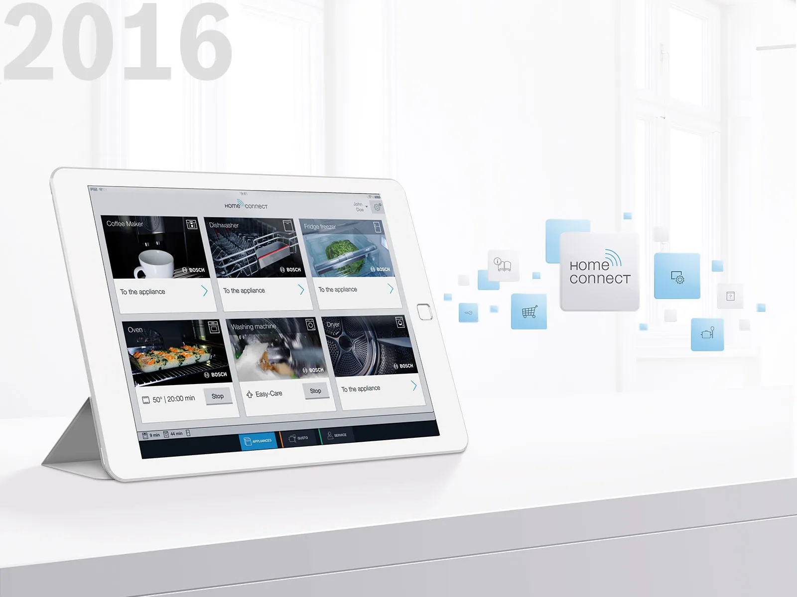 Tablet displaying Bosch Home Connect app interface for managing smart home appliances.