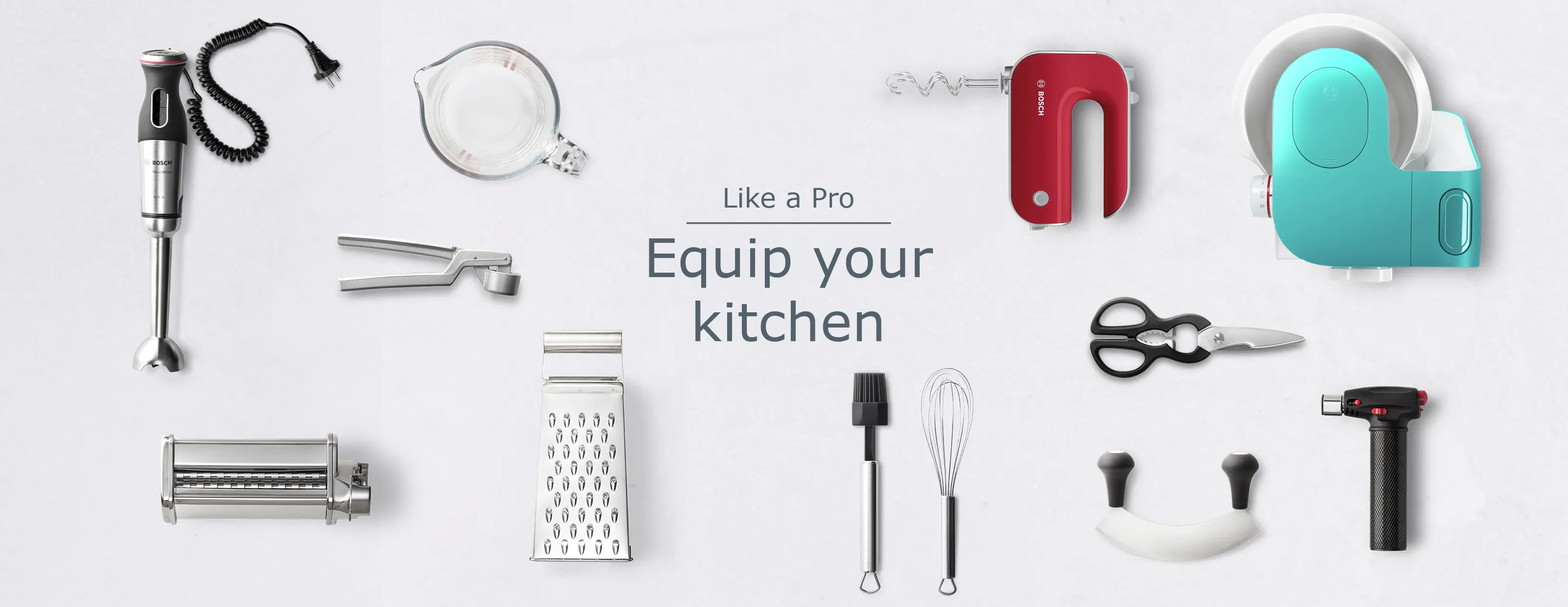Kitchen tools and appliances arranged on a white background with text "Equip your kitchen like a Pro".